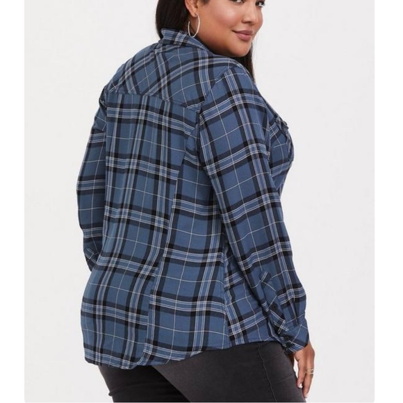 Torrid Blue Plaid Challis Button Down Long Sleeve Twill Camp Shirt Size 1X - Picture 3 of 10